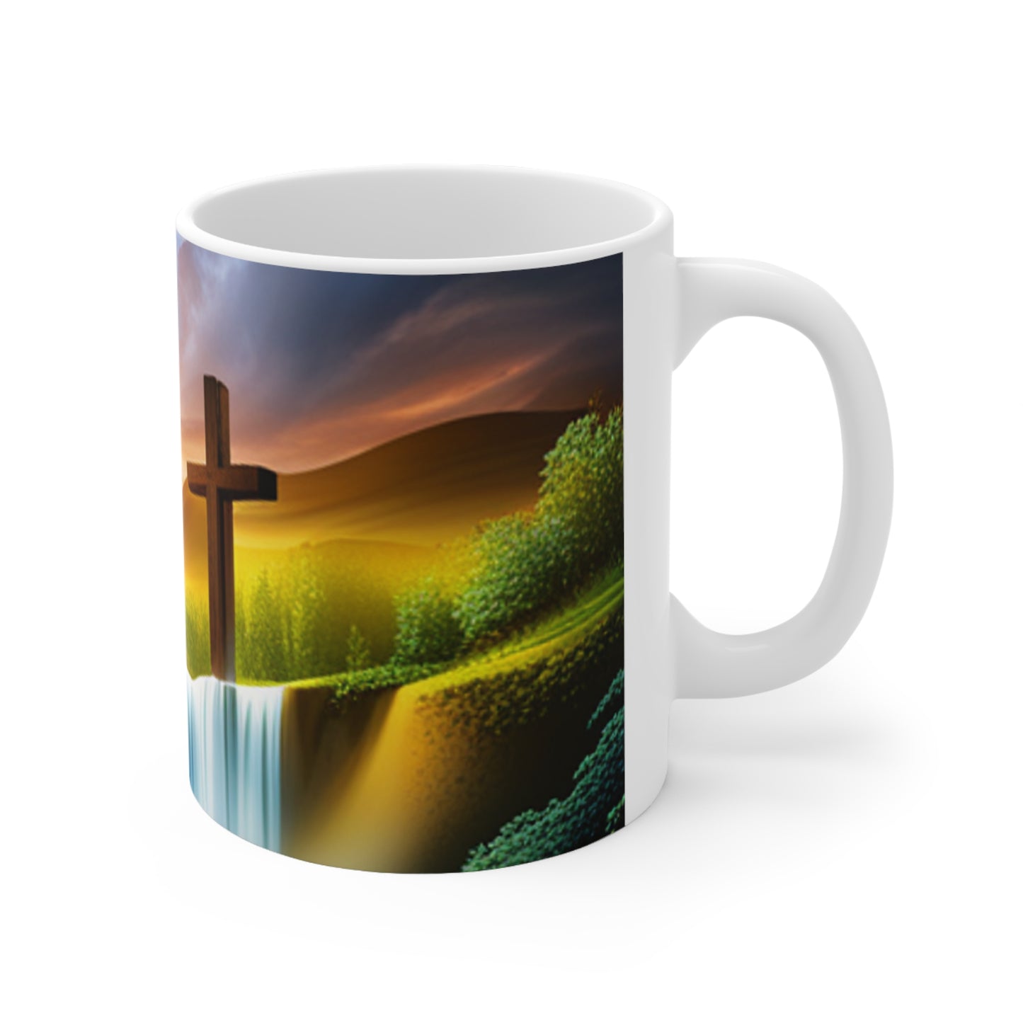 Beautiful waterfall background with a cross and birds flying Ceramic Mug 11oz