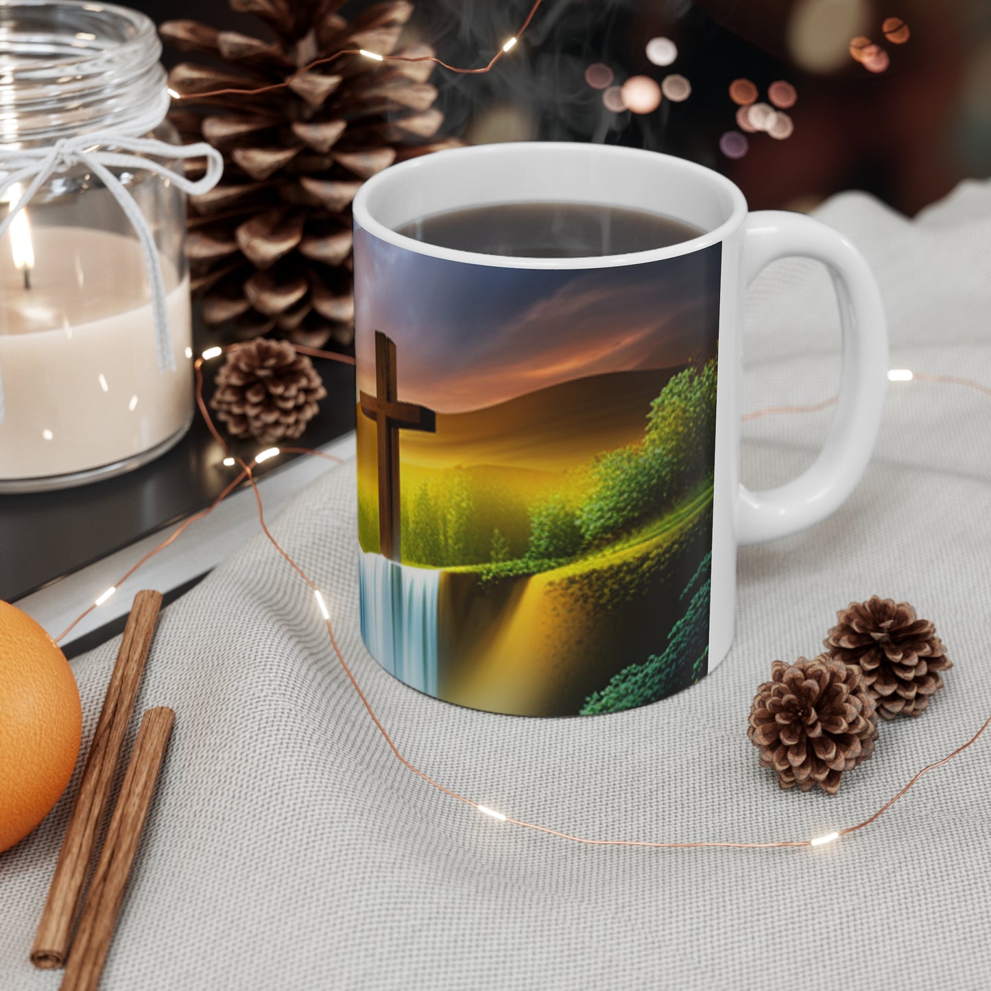 Beautiful waterfall background with a cross and birds flying Ceramic Mug 11oz