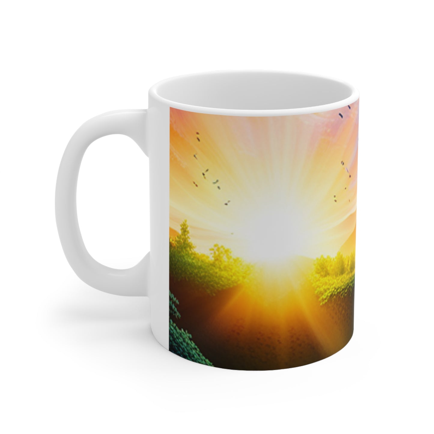 Beautiful waterfall background with a cross and birds flying Ceramic Mug 11oz