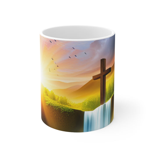 Beautiful waterfall background with a cross and birds flying Ceramic Mug 11oz